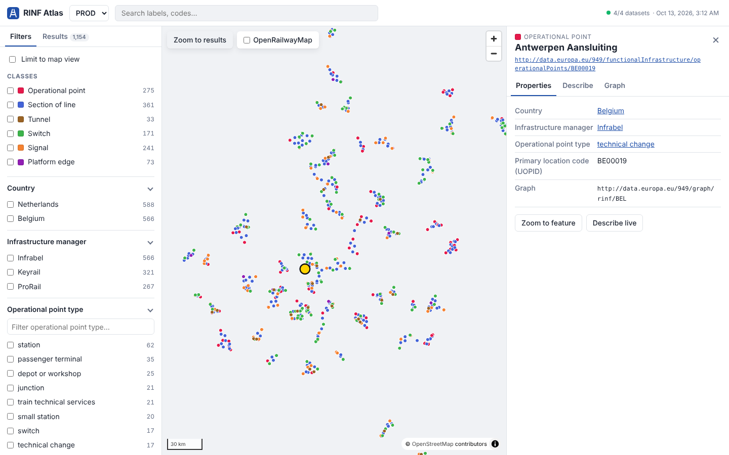 RINF Atlas: a map of Belgian and Dutch infrastructure elements with class, country and infrastructure-manager filters, and the details of one operational point